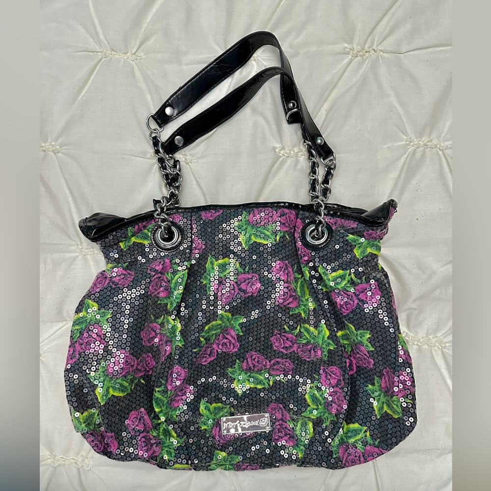 Betsey Johnson - Large Sequins Purple Pink Rose Shoulder Tote Satchel Bag Purse